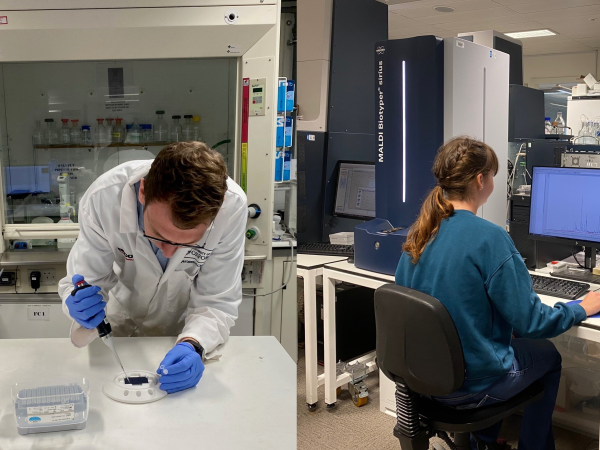 Photo of lab workers at computer and using a pipette